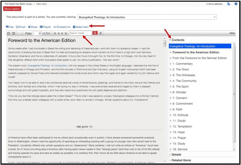 Karl Barth Digital Library Contents Bar view