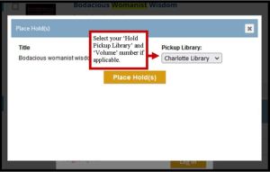 Place Hold pop-up box with pickup library and volume number options.